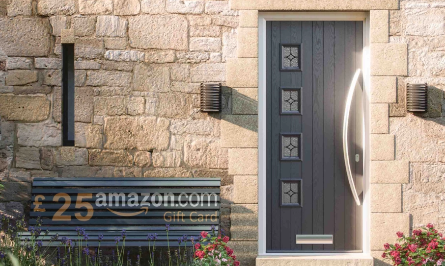 £25 Amazon Gift Card offer displayed next to a modern anthracite grey composite door in a stylish home setting.