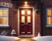 Red composite door in a 2-panel-4-square style with chrome fittings, framed by a white surround on a traditional red brick house. The scene features winter snow, a clear footpath, and a snowman, illuminated at night with warm indoor and outdoor lighting.