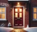 Red composite door in a 2-panel-4-square style with chrome fittings, framed by a white surround on a traditional red brick house. The scene features winter snow, a clear footpath, and a snowman, illuminated at night with warm indoor and outdoor lighting.