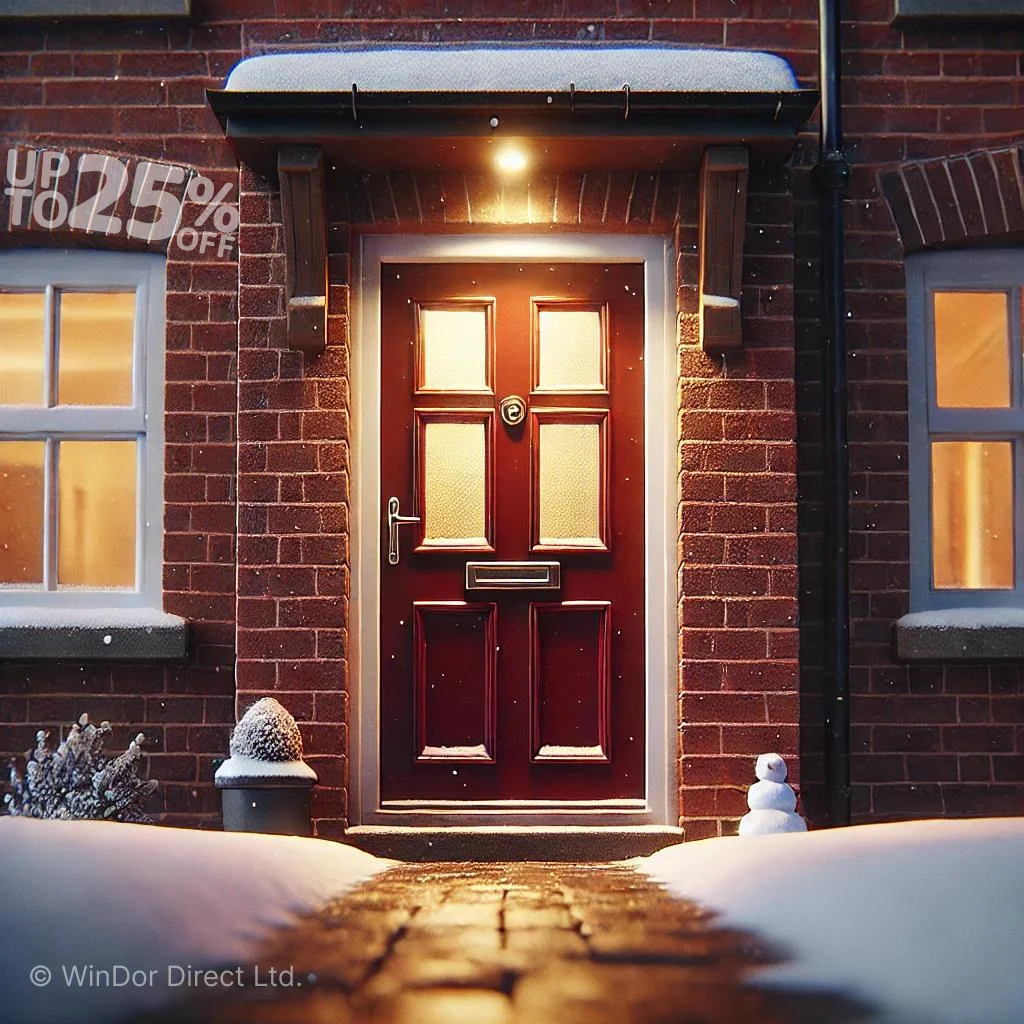 Red composite door in a 2-panel-4-square style with chrome fittings, framed by a white surround on a traditional red brick house. The scene features winter snow, a clear footpath, and a snowman, illuminated at night with warm indoor and outdoor lighting.